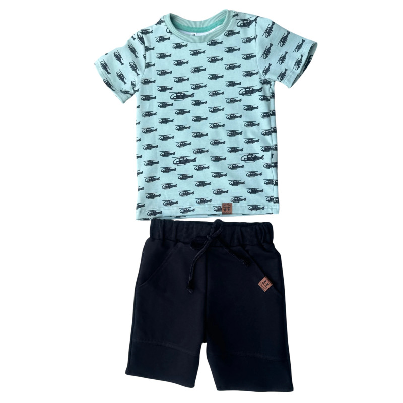 Helicopter T-shirt and black shorts