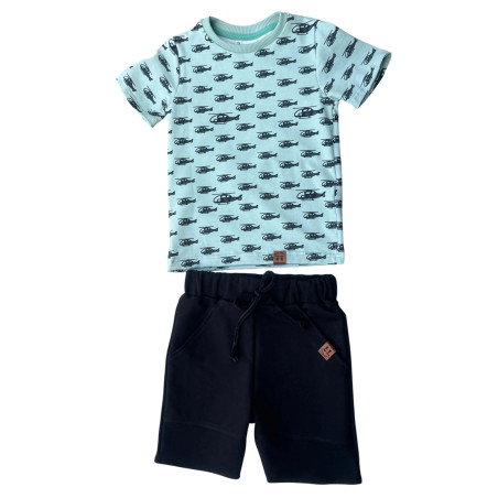 Helicopter T-shirt and black shorts