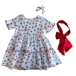 Strawberry muslin dress with a belt