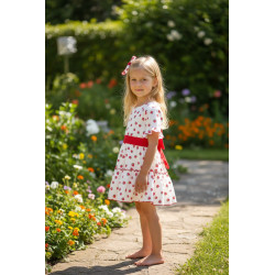 Strawberry muslin dress with a belt